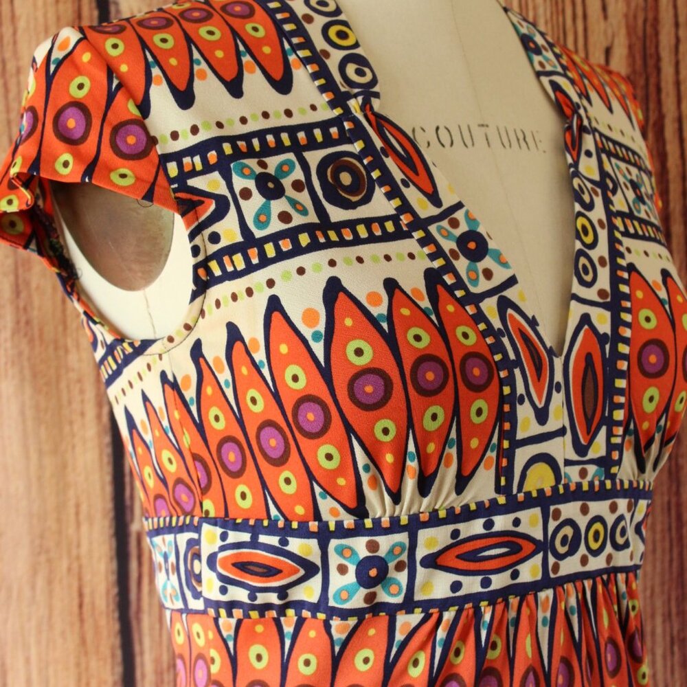 Trina Turk Womens Blouse, Silk, Size 0, Tribal Pattern in Orange and Navy - Picture 7 of 12